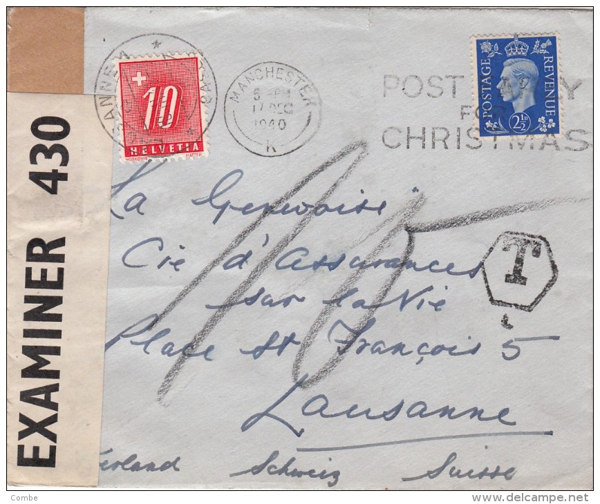 1940, LETTRE GRANDE BRETAGNE, CENSURE,  MANCHESTER - LAUSANNE, TAXE 10 /5001 - Impuesto