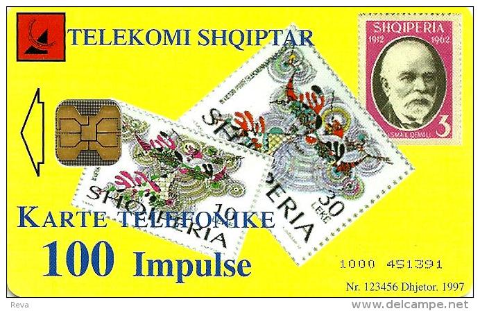 ALBANIA 100 U MAN ON STAMPS FRONT OLD TELEPHONE BACK CHIP ID.04/97  READ DESCRIPTION !! - Albania