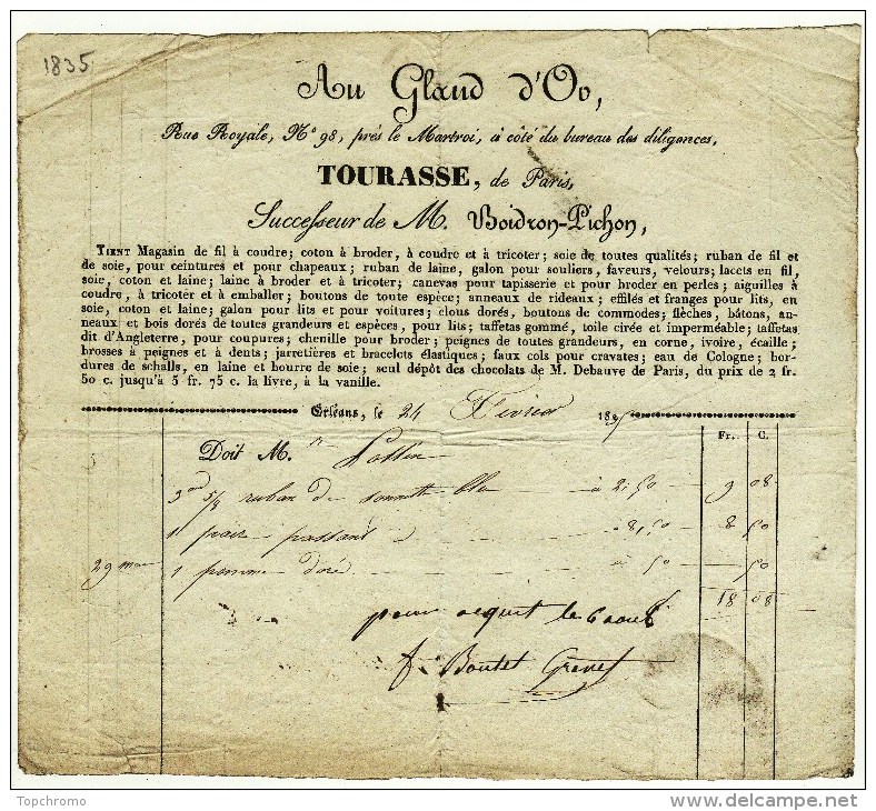 Facture 1835 Au Gland D'Oo Rue Royale Orléans Tourasse De Paris Successeur De M. Boidron-Pichon Fil à Coudre ... - 1800 – 1899