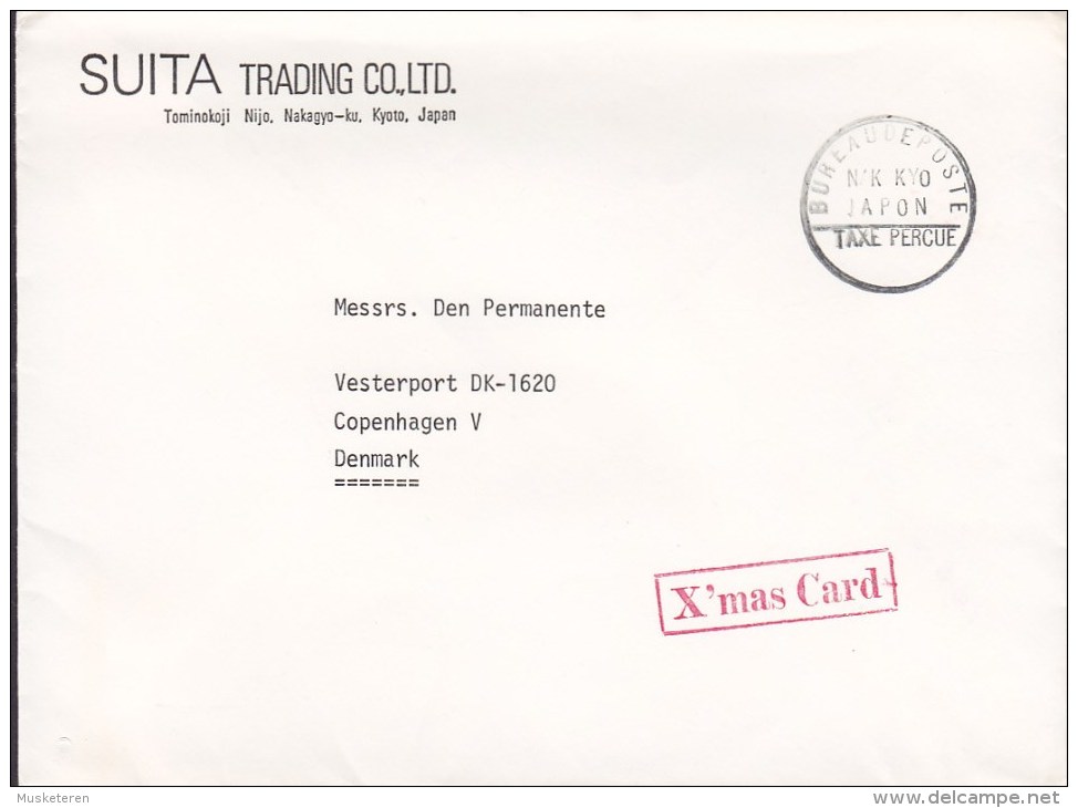 Japan Airmail Par Avion SUITA TRADING Co., N/K KYO - TAXE PERCUE Cover Brief To Denmark X'mas Card Red Cancel - Luftpost