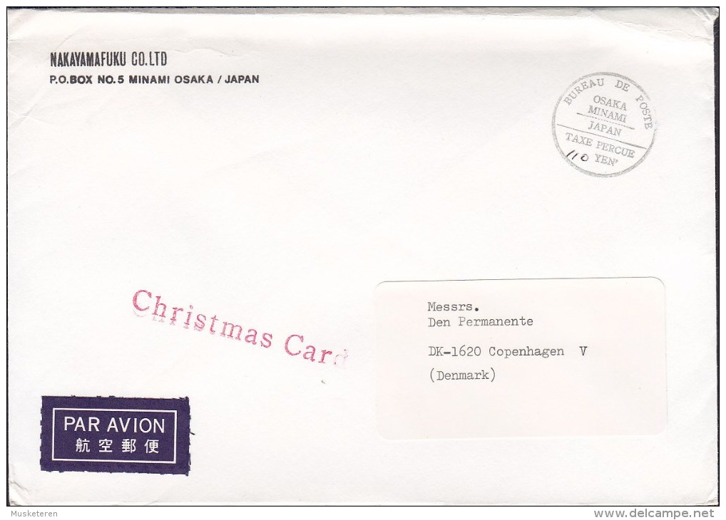 Japan Airmail Par Avion Label NAKAYAMAFUKU Co., OSAKA - TAXE PERCUE Cover Brief To Denmark Christmas Card Red Cancel - Luftpost