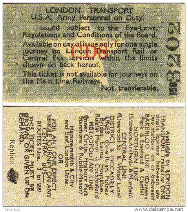 Railway Ticket London Transport USA Army Personnel On Duty Replica - Europe