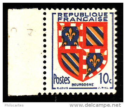 FRANCE  1949  -  Y&T 834 -  Armoiries De Bourgogne  - NEUF** Bord De Feuille - 1941-66 Coat Of Arms And Heraldry