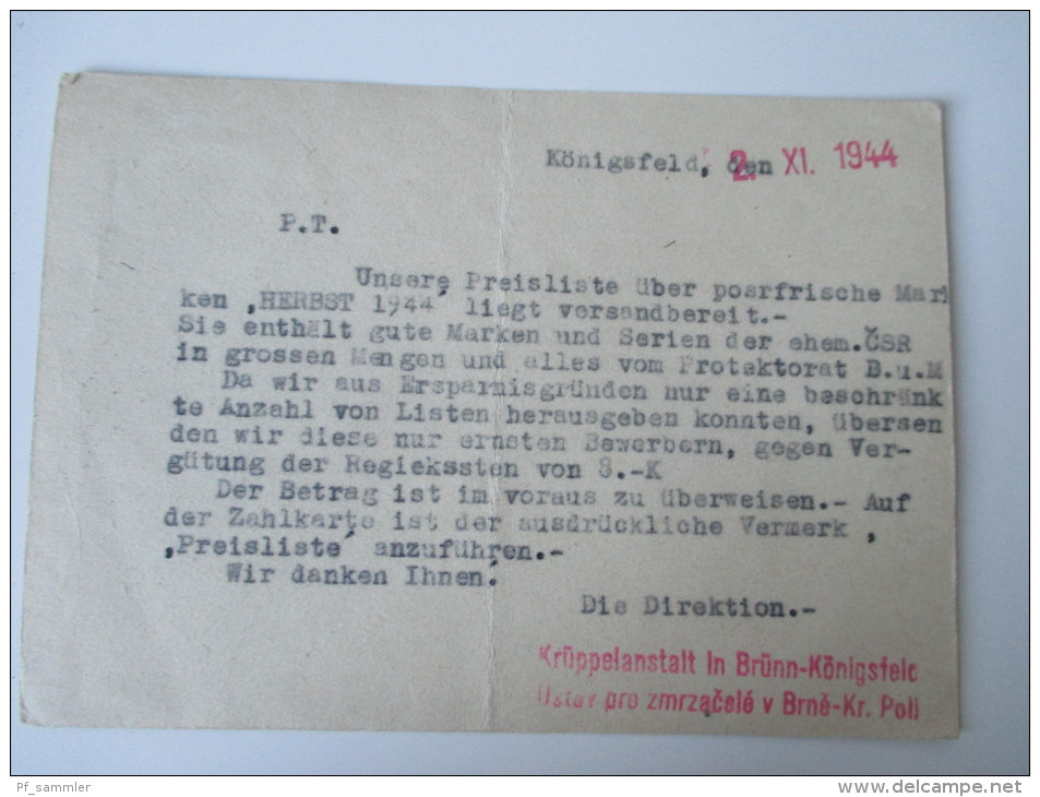 Ganzsache Böhmen Und Mähren Krüppelanstalt Brünn-Königsfeld 2.11.1944 Echt Gelaufen Nach Wien! - Covers & Documents