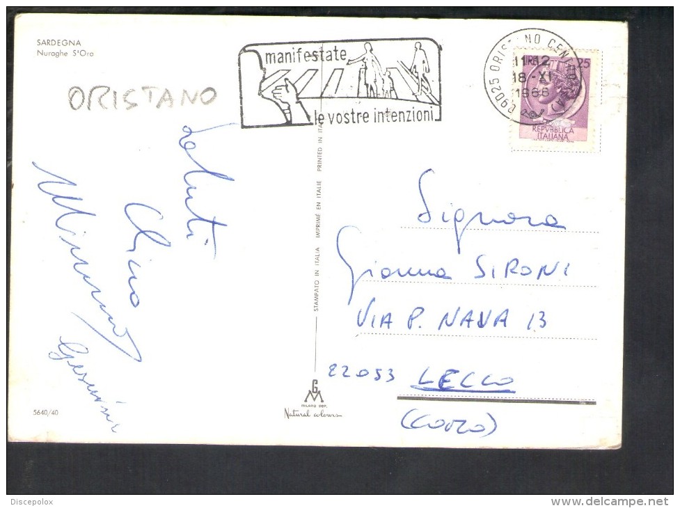 L1377 Sardegna - Nuraghe S' Oro - Timbro A Targa Storia Postale: Manifestate Le Vostre Intenzioni 1968 - Autres & Non Classés