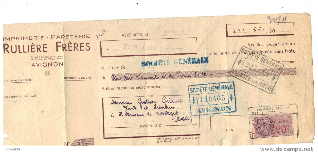 Lettre Change 1942 RULLIERE Imprimerie Papeterie AVIGNON Vaucluse Pour St Sauveur De Montagut Ardèche - Timbre Fiscal - Lettres De Change