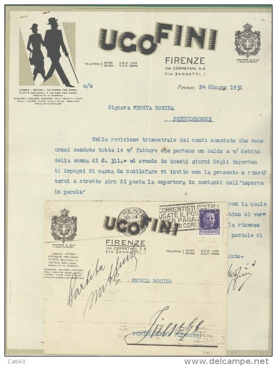 MODA UGO FINI FIRENZE LANERIE E SETERIE - LETTERA + BUSTA CON LOGO PUBBLICITARIO - 1931 - Italia