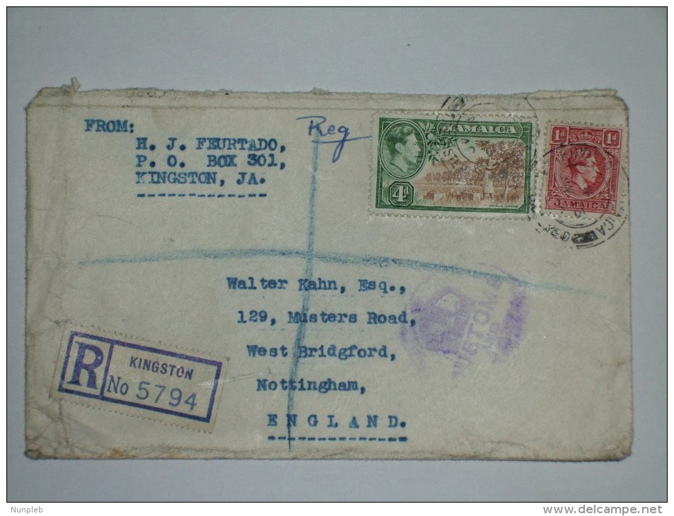 JAMAICA 1949 GEORGE VI REGISTERED COVER FROM KINGSTON TO ENGLAND - Jamaica (...-1961)