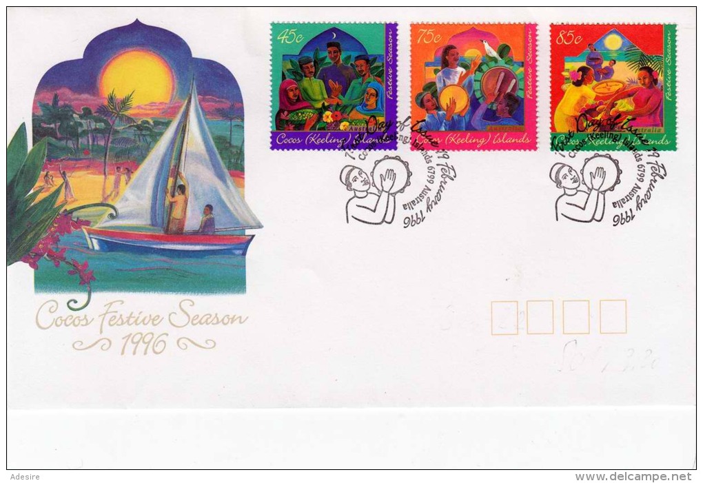 COCOS (KEELING) ISLANDS 1996, Sehr Schöne 3 Fach Sondermarken Fankierung Auf Schmuck-Brief, Sonderstempel - Kokosinseln (Keeling Islands)