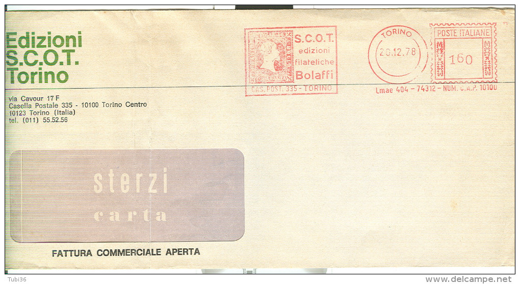 S.C.O.T.  TORINO, AFFRANCATURA ROSSA FIGURATA  £. 160 SU BUSTA VIAGGIATA  1978, - Macchine Per Obliterare (EMA)