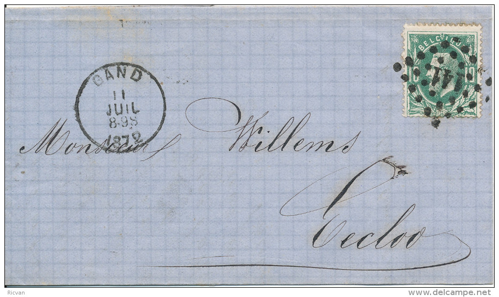 1872 Brief Met PZ30 Puntstempel 141 En DU Van Gand Naar Eecloo (firmasticker) Zie Scan(s) - 1869-1883 Léopold II