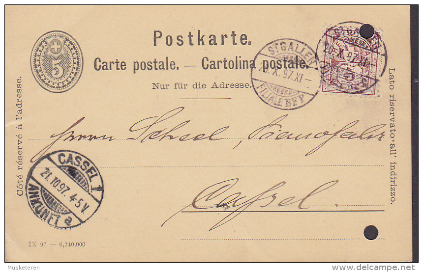 Switzerland Postkarte Carte Postale Cartolina Postale ST. GALLEN Filiale BFF 1897 To CASSEL Germany (2 Scans) - Briefe U. Dokumente