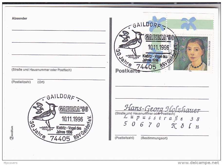 1996 BIRDS EVENT PMK COVER (card) Gaildorf  GERMANY Stamps Modersohn-Becker ART  Bird - Other & Unclassified