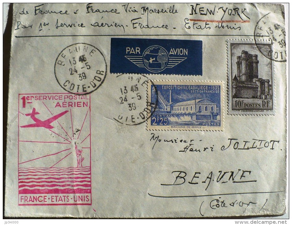 LETTRE AVEC 1er SERVICE AERIEN - MARSEILLE NEW - YORK  24/05/1939 (de France Via Marseille) TBE - 1927-1959 Covers & Documents