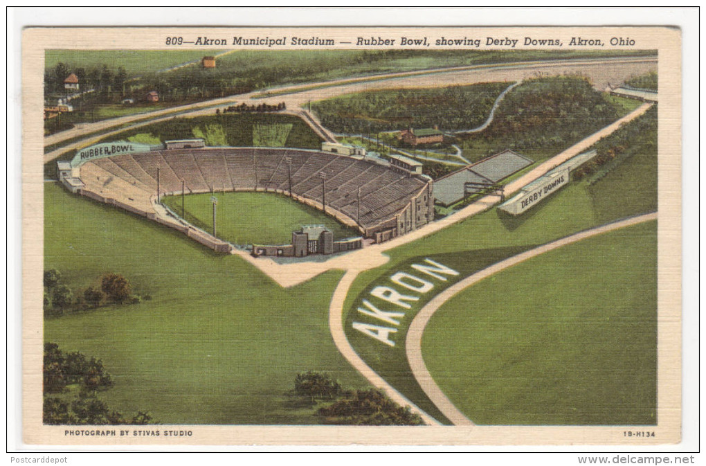 Municipal Football Stadium Rubber Bowl Akron Ohio 1954 Linen Postcard - Akron