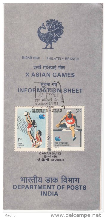 Stamped Information On Asian Games, Sport Volleyball Athletics Ref. Swimming, Badminton, Wrestling, Golf.  India 1986 - Swimming