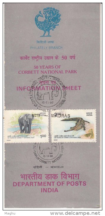 Stamped Information On Corbett National Park, Elephant, Crocodile, Ref., Tiger, Reptile, Bird, Duck, Stork,  India 1986 - Elephants