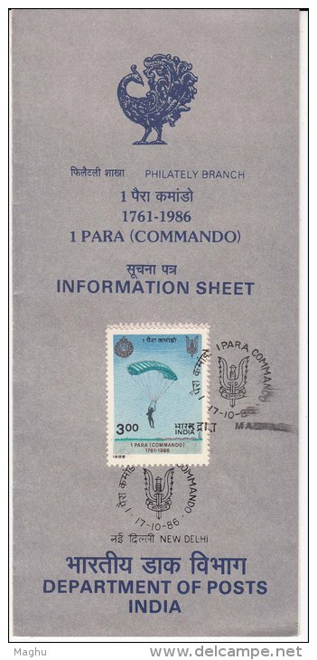 Stamped Information On 1 Para Commando, Parachutting, Militaria, Defence, Army,   India 1986 - Parachutting