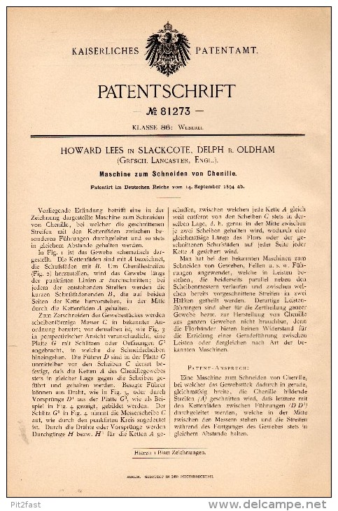 Original Patentschrift - H. Lees In Slackcote , Delph B. Oldham , 1894 , Machine For Cutting Chenille, Weaving !!! - Tools