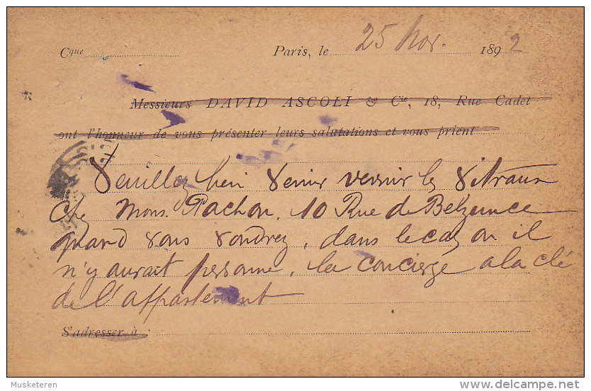 France Postal Stationery Ganzsache Entier Allegorie Private Print DAVIS ASCOLI, PARIS R. Bleue 1892 (2 Scans) - Pseudo-entiers Privés