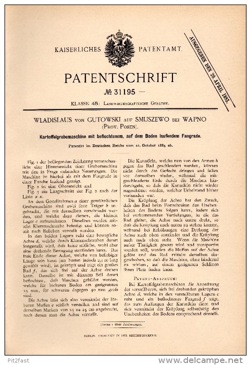 Original Patentschrift - Wladislaus Von Gutowski Auf Smuszewo Bei Wapno , 1884 , Kartoffel - Grabemaschine , Agrar !!! - Maschinen