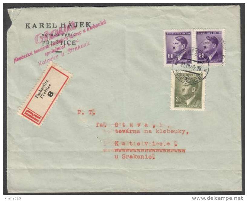 BuM0963 - Böhmen Und Mähren (1943) Pschestitz - Prestice / Katowitz - Katovice (R-letter) Tariff: 4,20K (stamp: A.Hitler - Briefe U. Dokumente