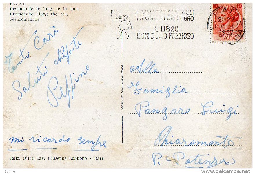 BARI 1957 - LUNGOMARE - ANNULLO A TARGHETTA IL LIBRO E´ UN DONO PREZIOSO - C480 - Bari