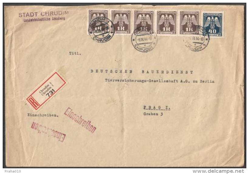 BuM0934 - Böhmen Und Mähren (1944) Chrudim 1 - Chrudim 1 / Prag 1 - Praha 1 (R-letter) Tariff: 5,40K - Storia Postale
