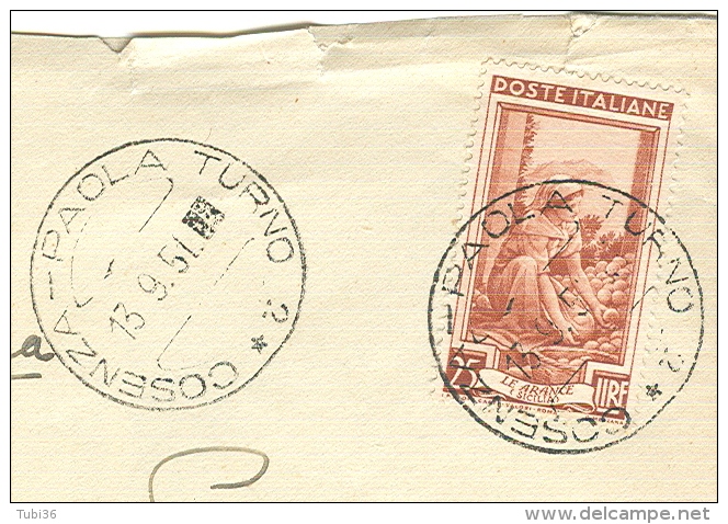 AMB. COSENZA - PAOLA - TURNO 2, TIMBRO POSTE SU BUSTA VIAGGIATA  1951, X BOLOGNA - 1946-60: Storia Postale