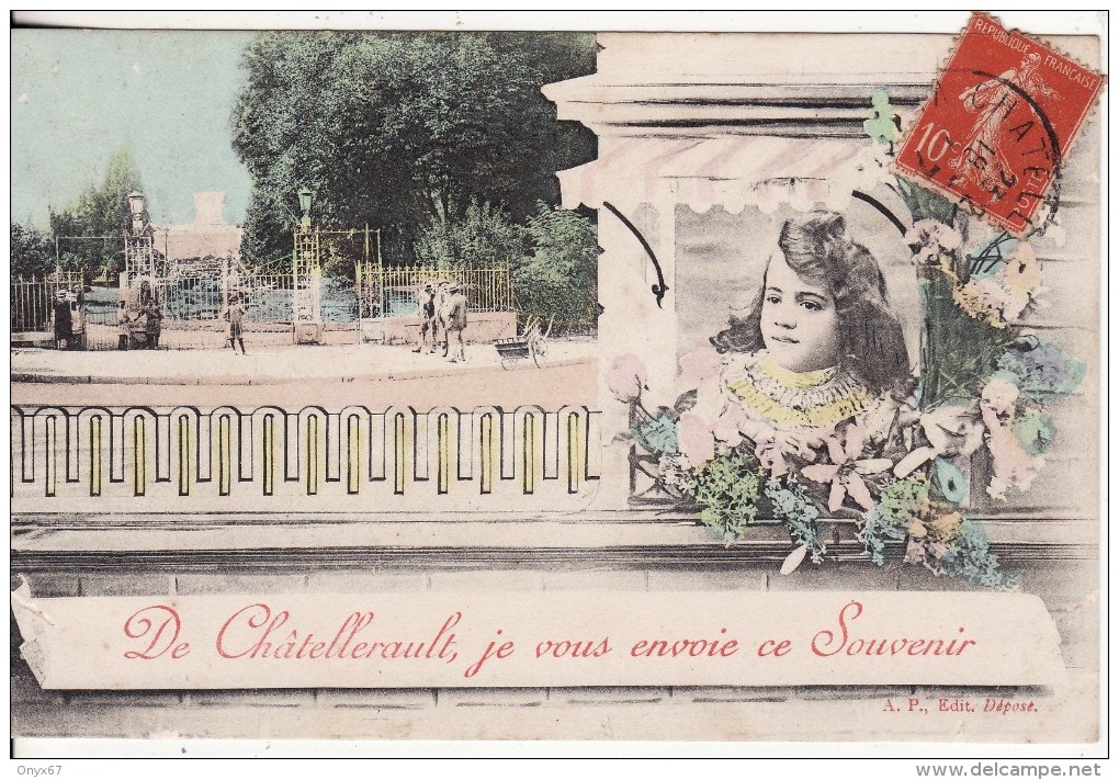 De CHATELLERAULT (Vienne) Je Vous Envoie Ce Souvenir-FANTAISIE-Jeune Fille-Fleur-Parc-VOIR 2 SCANS - - Chatellerault