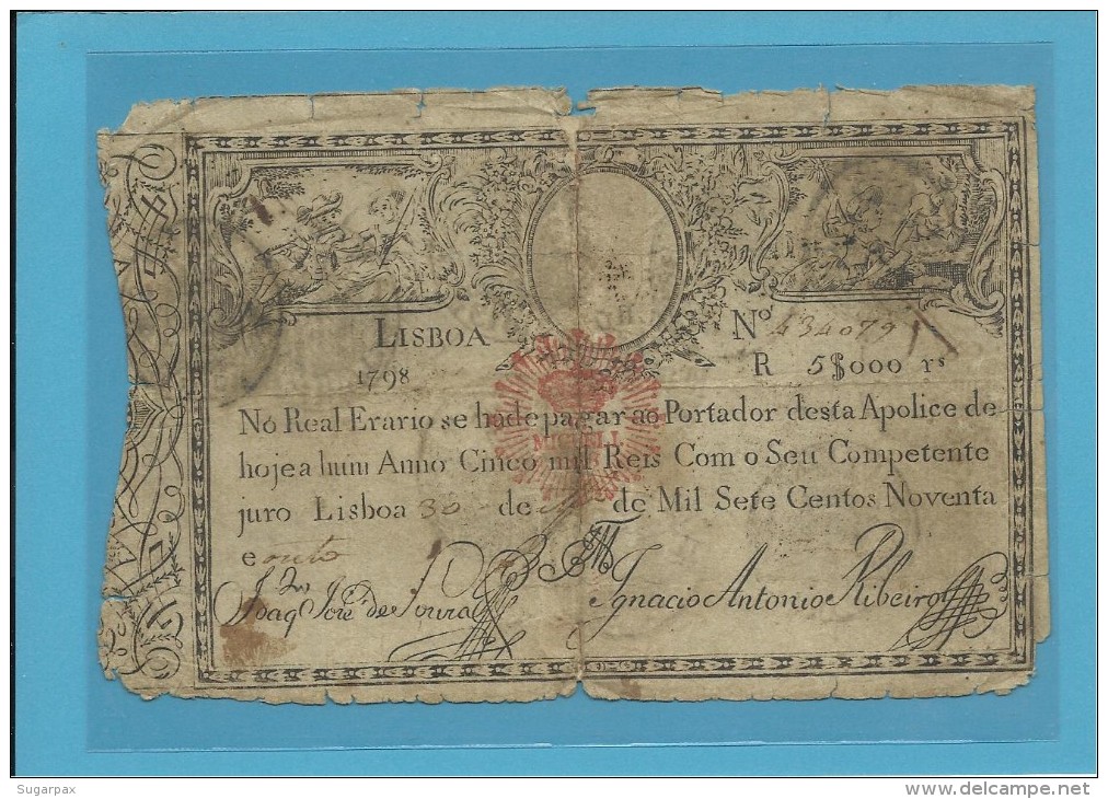 PORTUGAL - APÓLICE 5$000 - 5.000 RÉIS - 1798 ( 1828 ) - P 38A - D. MIGUEL I - WAR OF THE TWO BROTHERS - Portugal