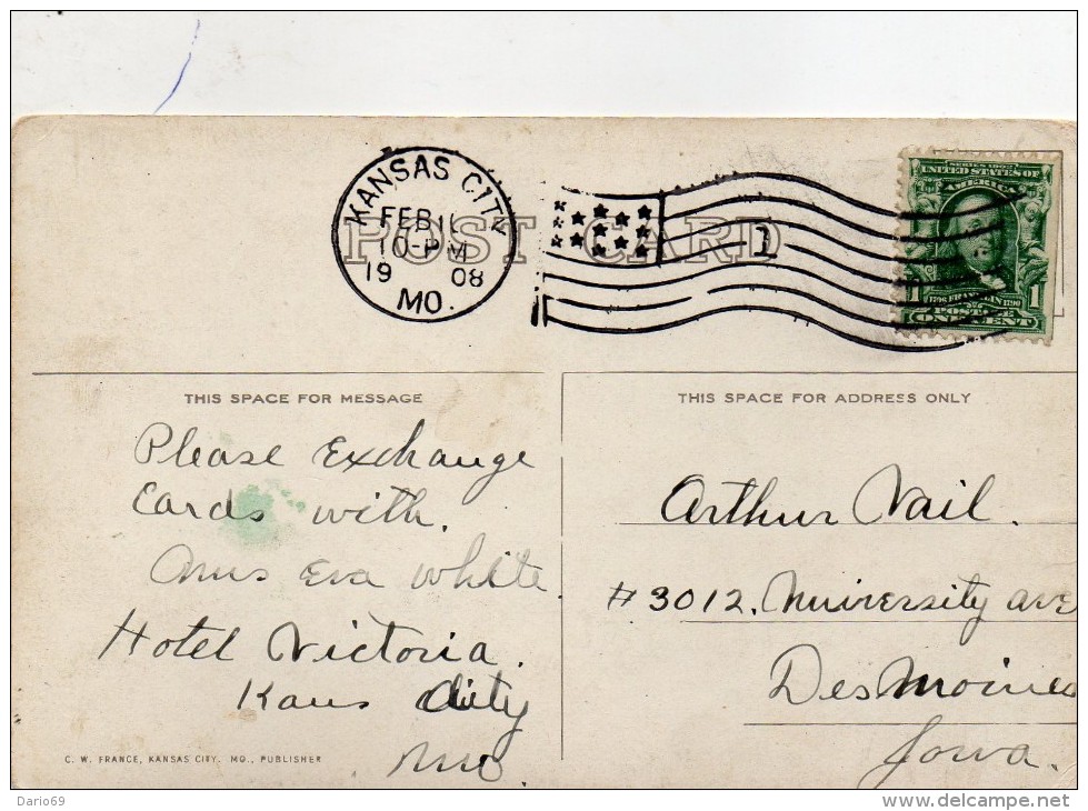 1908  CARTOLINA  CON ANNULLO KANSAS CITY - Kansas City – Kansas