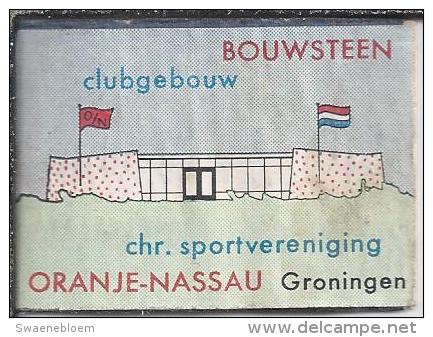 Luciferetiket. Bouwsteen. Clubgebouw Oranje-Nassau Groningen. Chr. Sportvereniging. Etiket. Matchbox-cover. Label - Luciferdozen - Etiketten