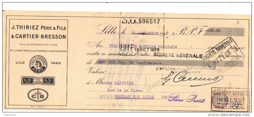 Lettre Change 1933 THIRIEZ CARTIER BRESSON Fil à Coudre LILLE Nord Pour Pouilly Sur Loire Nièvre - Timbre Fiscal - Lettres De Change