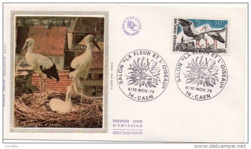 Caen 1973 / Cachet Temporaire / Salon " La Fleur Et L´Oiseau " Sur N° 1755 Cigogne. - Picotenazas & Aves Zancudas