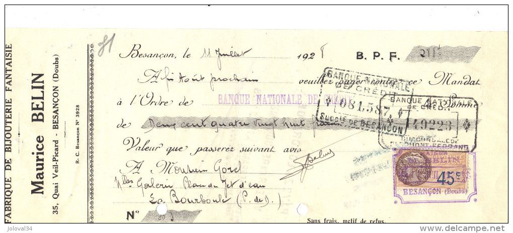 Lettre Change 1928 BELIN Bijouterie Fantaisie BESANCON Doubs Pour La Bourboule 63 - Timbre  Fiscal - Lettres De Change