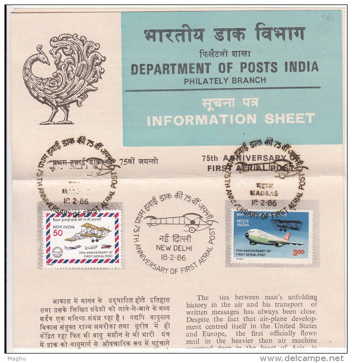 Stamped Information On 75th Anniversary First Aerial Post, Philately, Airplane Boeing, Airmail, Aviation, India 1986 - Airplanes