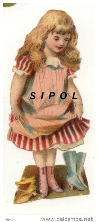 Fillette Blonde Bouclée Robe Rayée Et Jupon Qui Dépasse , Chaussures Roses, Paire De Bottes Ciel Et Ch   Années 1890 Env - Enfants