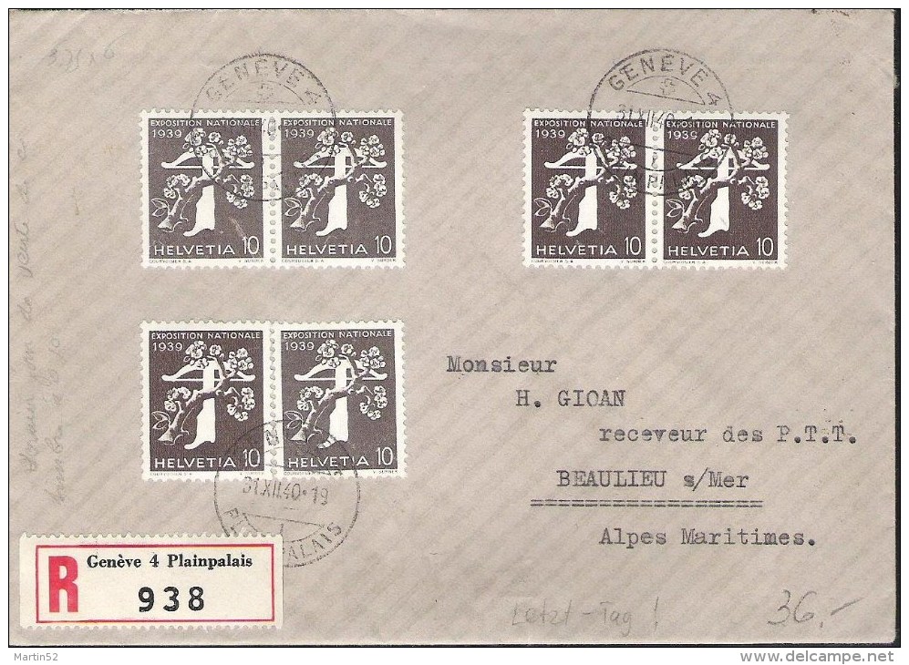 Schweiz Suisse 1940: R-lettre De GENÈVE 31.XII.40 Pour Beaulieu/FR Avec 3 Paires Zu 233 Mi 349 Yv 330 O Du DERNIER JOUR - Brieven En Documenten