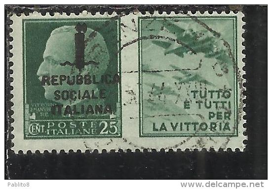 ITALIA REGNO ITALY KINGDOM REPUBBLICA SOCIALE ITALIANA RSI 1944 PROPAGANDA DI GUERRA  CENTESIMI 25 TIMBRATO USED - Propaganda Di Guerra