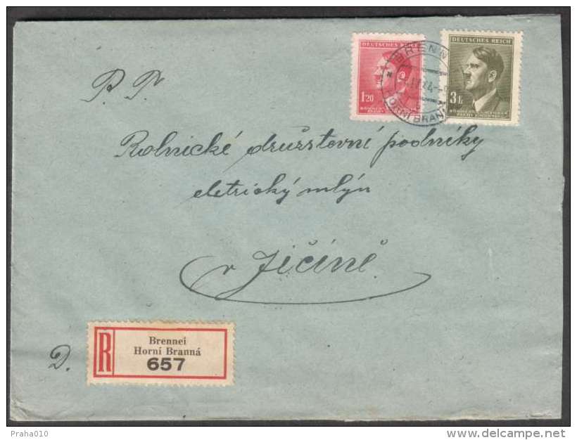 BuM0923 - Böhmen Und Mähren (1944) Brennei - Horni Branna / Jitschin - Jicin (R-letter) Tariff: 4,20K (stamp: A. Hitler) - Storia Postale