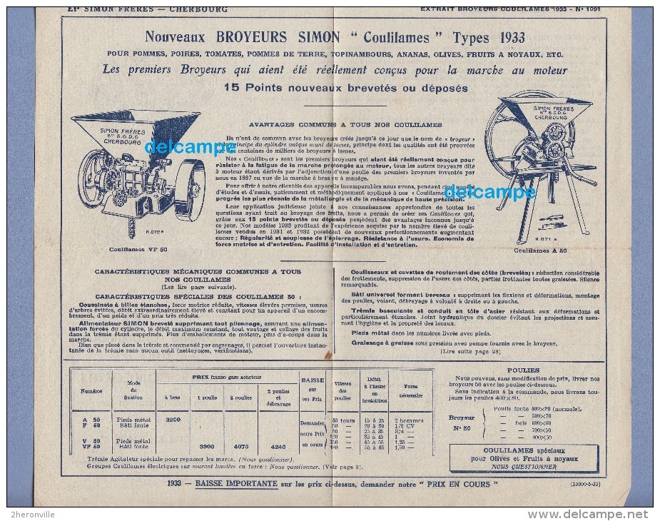Publicité Ancienne - CHERBOURG - Ets SIMON Frères - Nouveaux Broyeurs Légumes Fruits - 1933 - Agriculture Cidre - Advertising