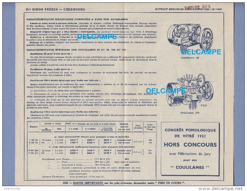 Publicité Ancienne - CHERBOURG - Ets SIMON Frères - Nouveaux Broyeurs Légumes Fruits - 1933 - Agriculture Cidre - Publicités