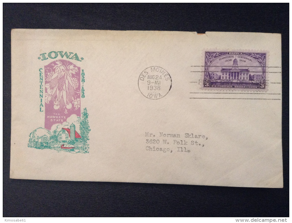 US, 1938 FDC - Iowa Centennial 1838-1938 First Day Of Issue - 1851-1940