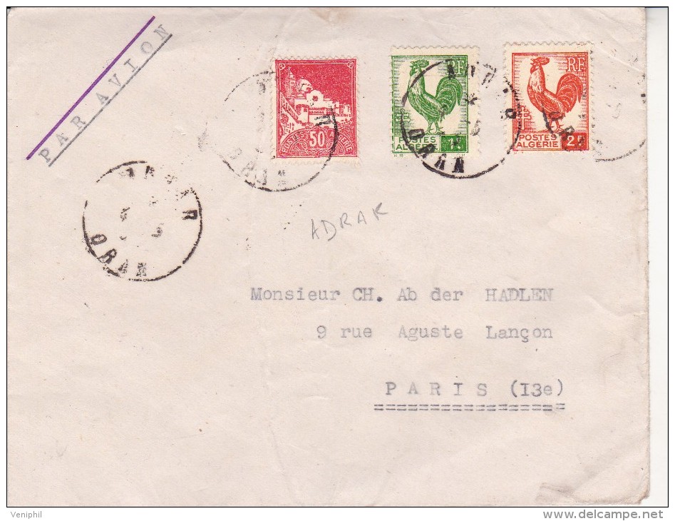 ALGERIE - LETTRE AFFRANCHIE TIMBRES N° 173-219-220- CAD PEU COURANT ADRAR -ORAN - Cartas & Documentos