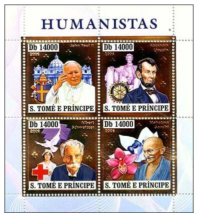 St6408a-s S.Tome Principe 2006 Humanists Silver S/s John Paul Ll A.Lincoln Rotary A.Schweitzer Red Cross Gandi Orchid - Albert Schweitzer