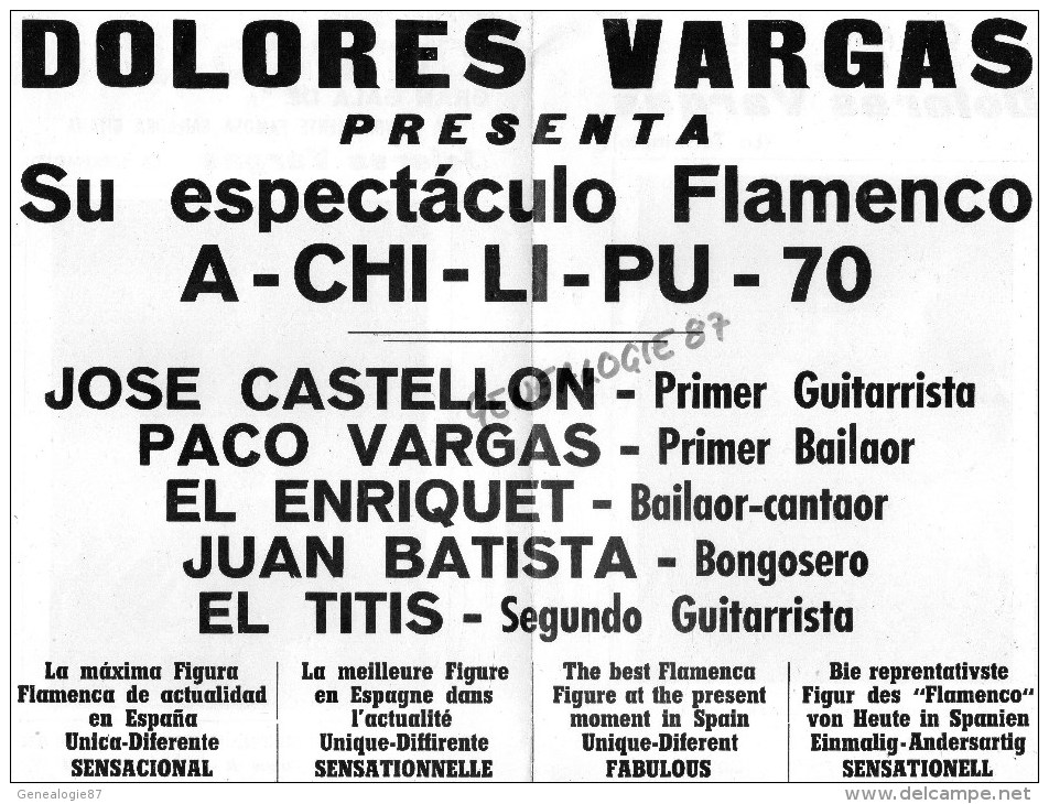 ESPAGNE - GITAN- FLAMINGO 1971- PROGRAMME GALA BAILAORA GITANA-DOLORES VARGAS- VERANO- LA TERREMOTO-FLAMENCO - Programma's