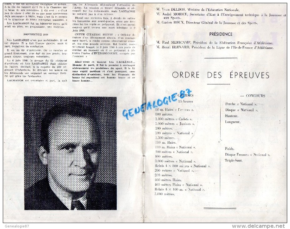 92 - COLOMBES - PROGRAMME ATHLETISME- JOURNEE LEO LAGRANGE- STADE 11 JUIN 1950- PUB SIGRAND-VITTEL- - Programs