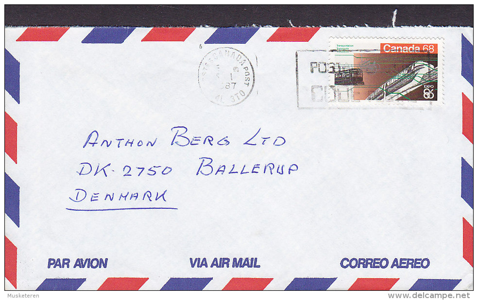 Canada Airmail Par Avion Correo Aereo 1987 Cover Lettre To Denmark EXPO 86 Stamp Tram Tramways Transportation Stamp - Luftpost