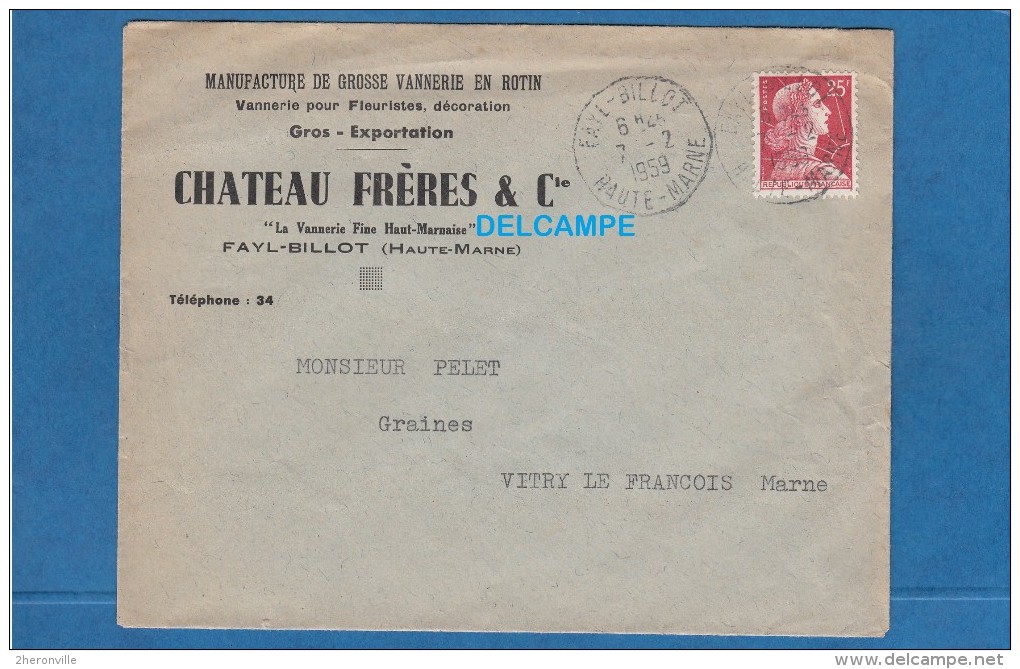 Enveloppe Ancienne - FAYL BILLOT ( Haute Marne ) - Manufacture De Grosse Vannerie En Rotin Chateau Frères - 1959 - 1921-1960: Période Moderne